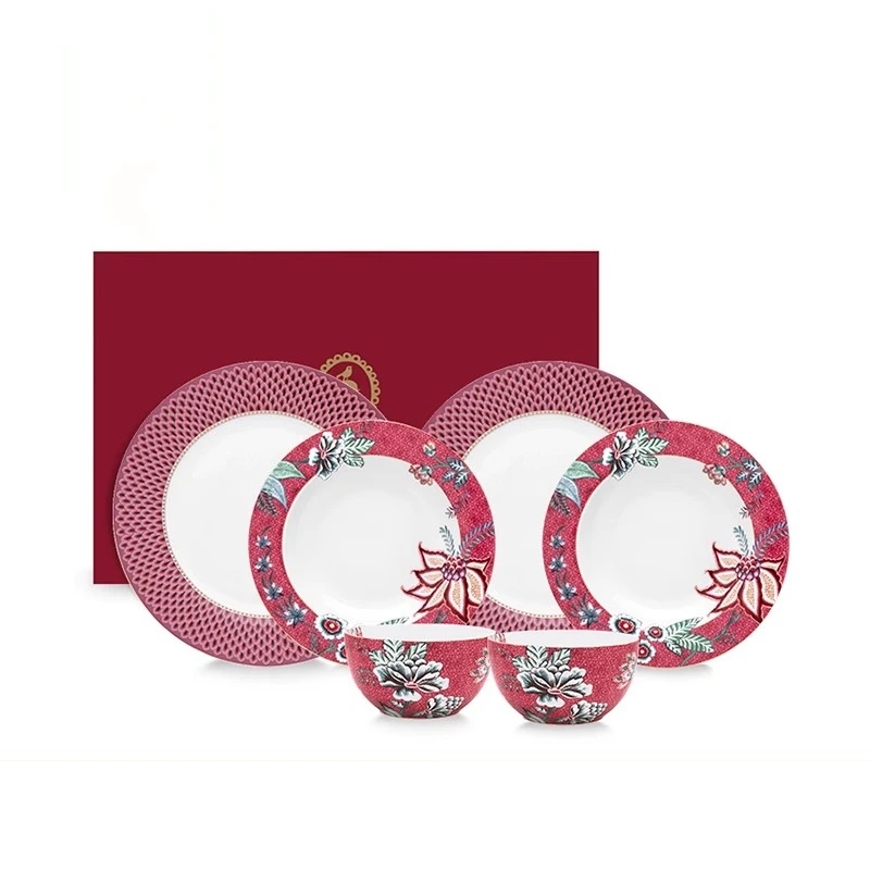 Oriental Flower Charm Dinner Plate Bowl Household Tableware 6-piece Set Wedding Gift