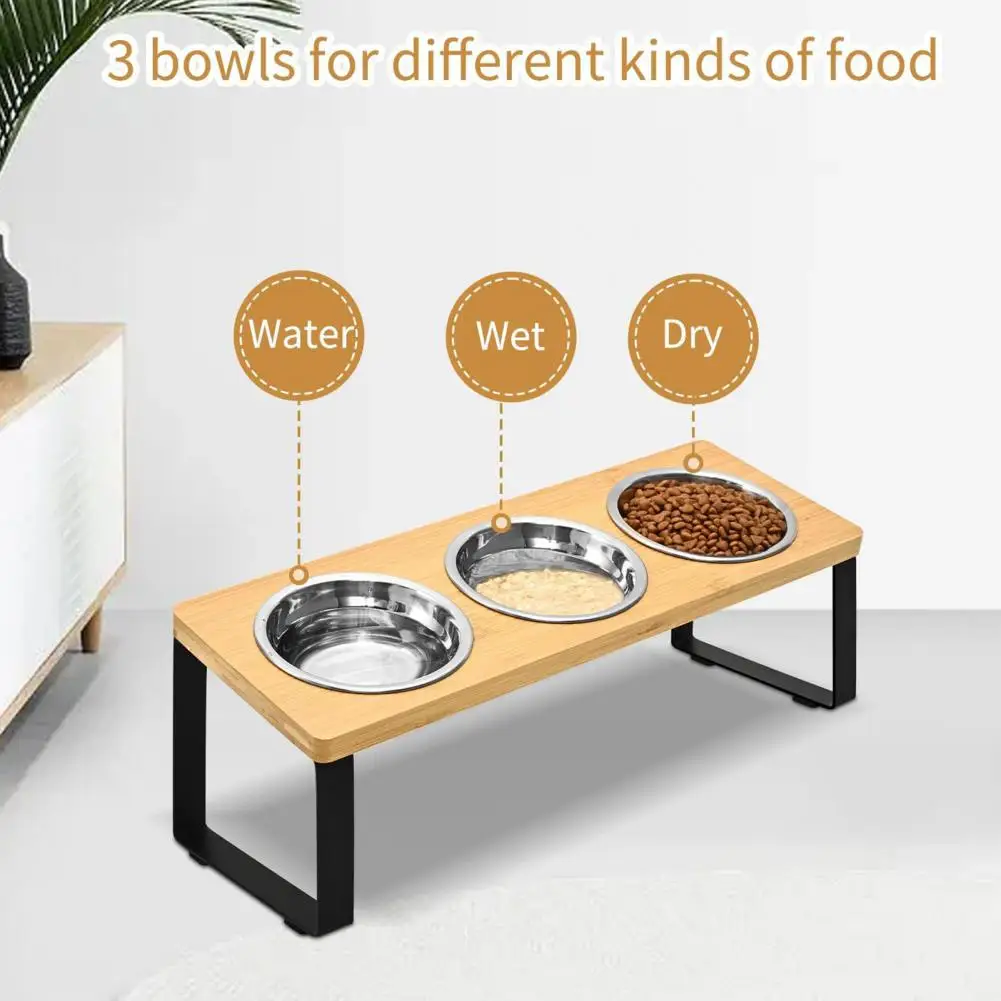 Pet Food Bowl Feeder Rack Elevated Wooden Feeder Rack with 3 Stainless Steel Bowls for Small to Medium Cats Dogs for Pet