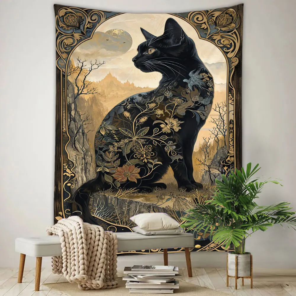 Psychedelic Black Cat Tapestry Wall Hanging Rose and Sunbeam Art Nouveau Floral Wall Art Animal Cat Lovers Gift Home Decor