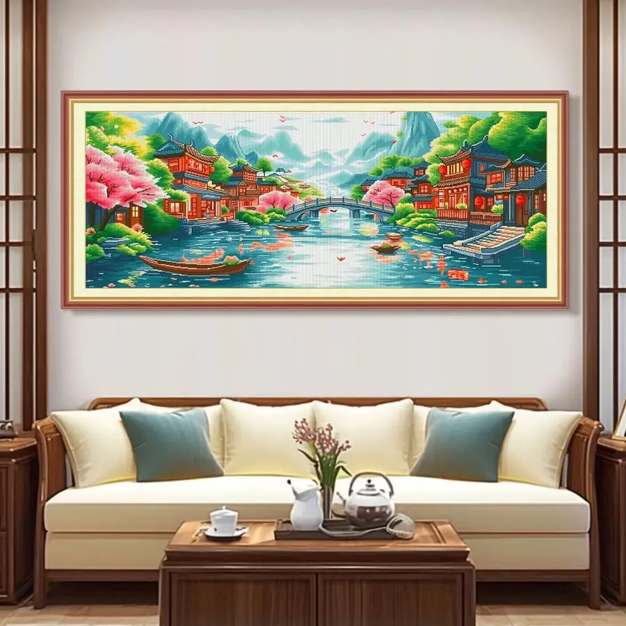 

Oriental River Landscape Cross Stitch Kit 11CT 148x60cm Large Aida Cloth, Cherry Blossom amp Ancient Town Design Chinese Jiangna