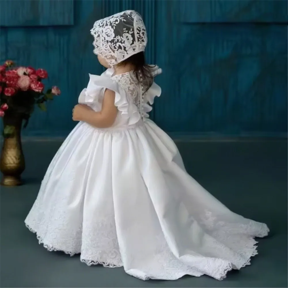 

Customized Satin Flower Girl Dress For Wedding Appliques Lace Sleeveless Puffy Kids Birthday Party First Communion Ball Gown