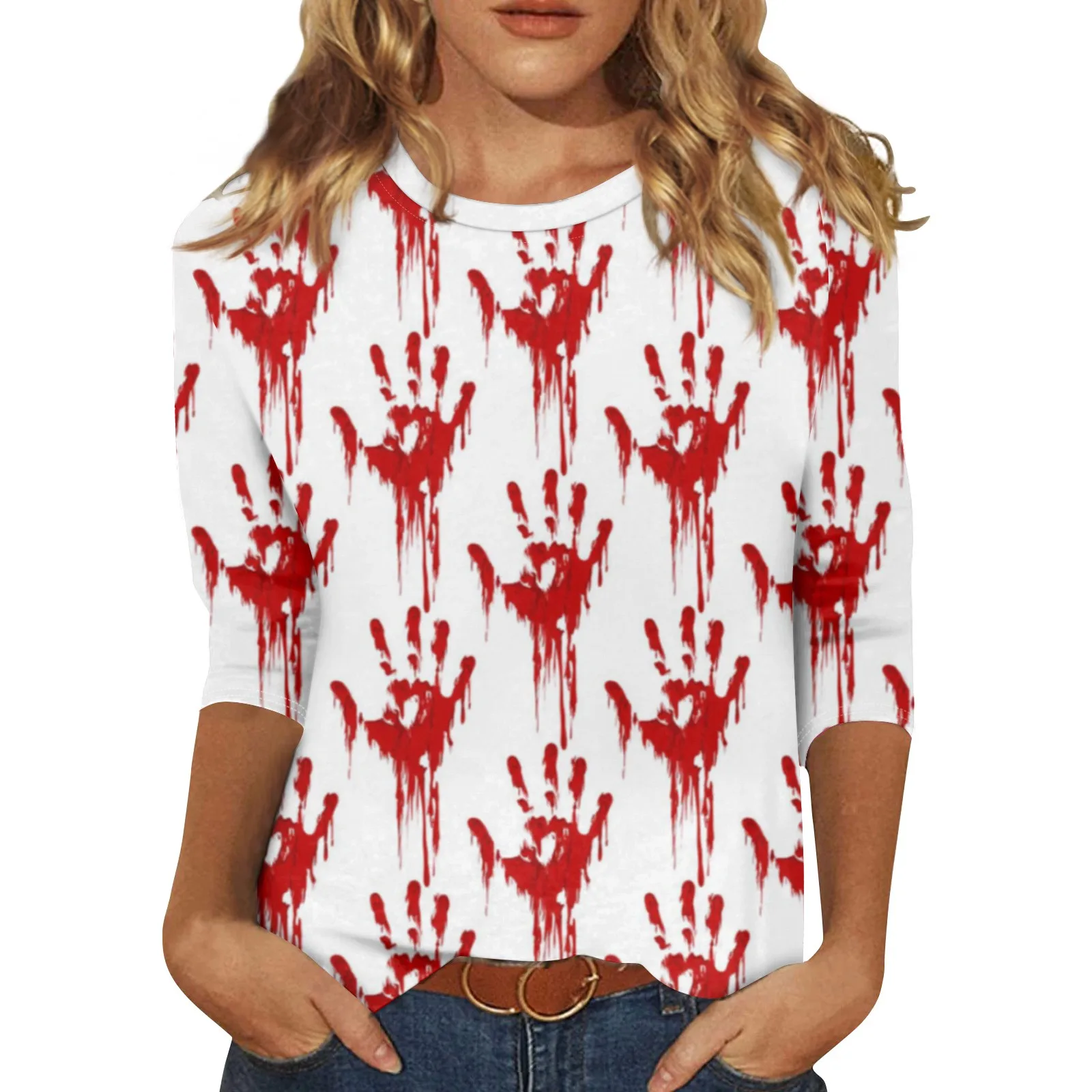 Fashion 3/4 Sleeve Shirts For Women S-5xl Cute 2024 Halloween Print Graphic Tees Blouses Casual Plus Size Basic Tops Pullover