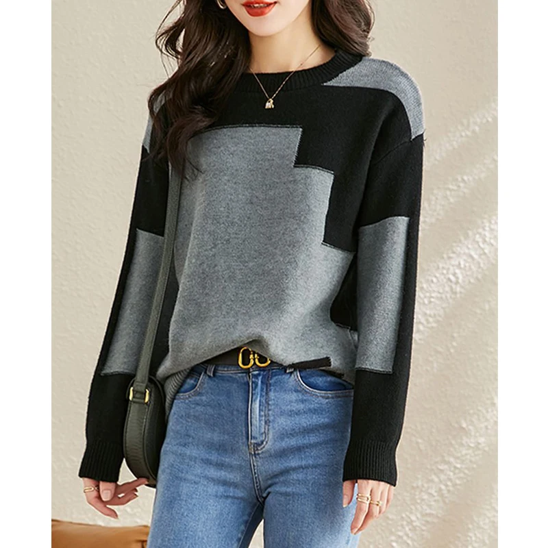 Women Korean Fashion Contrast Color Patchwork Elegant Knitted Sweaters Autumn Winter Casual O Neck Long Sleeve Tops Soft Jumpers