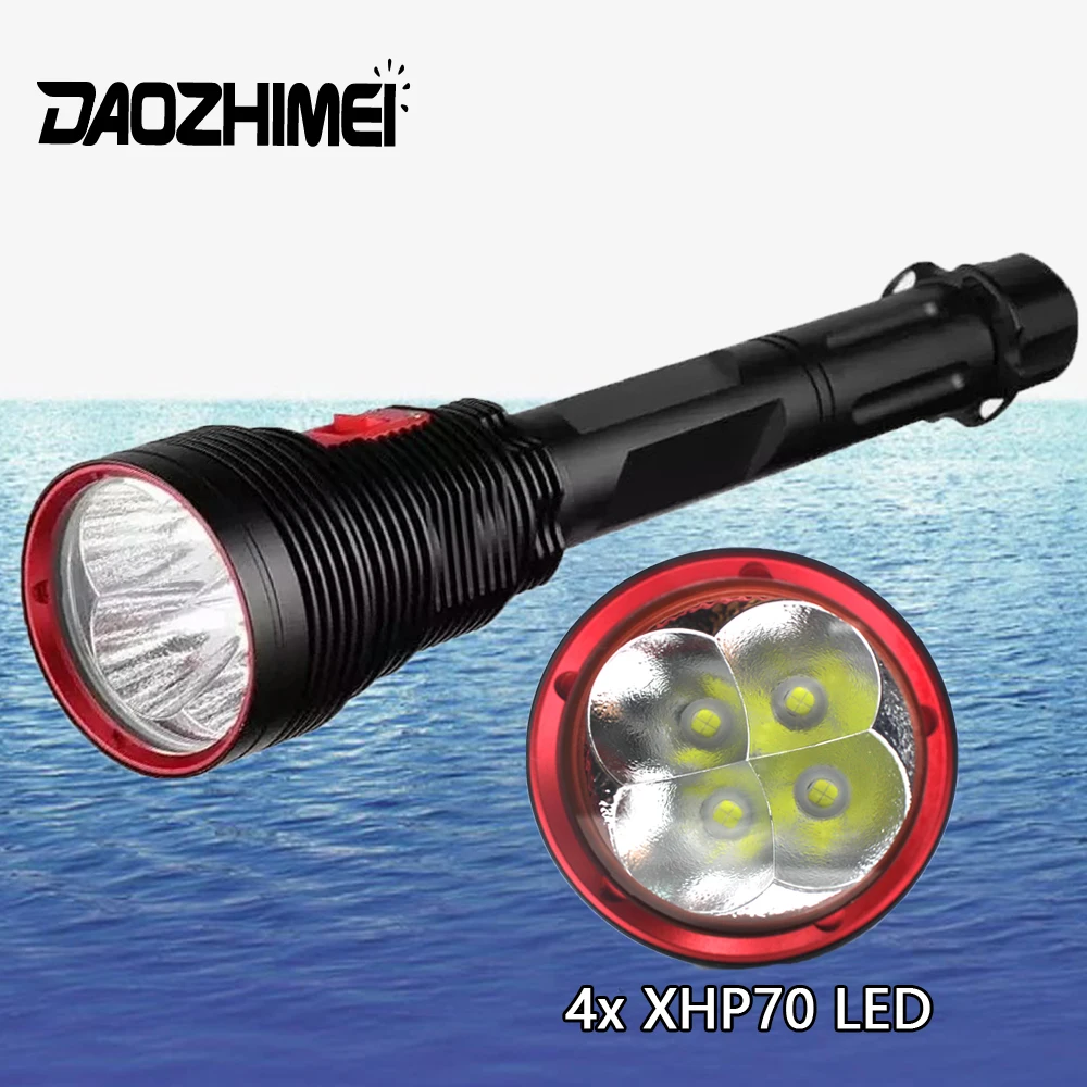 8000LM Super Brightness LED Flashlight 4*XHP70.2 3 Modes Professional Outdoor 200M Underwater Waterproof Diving Tactical Lamp