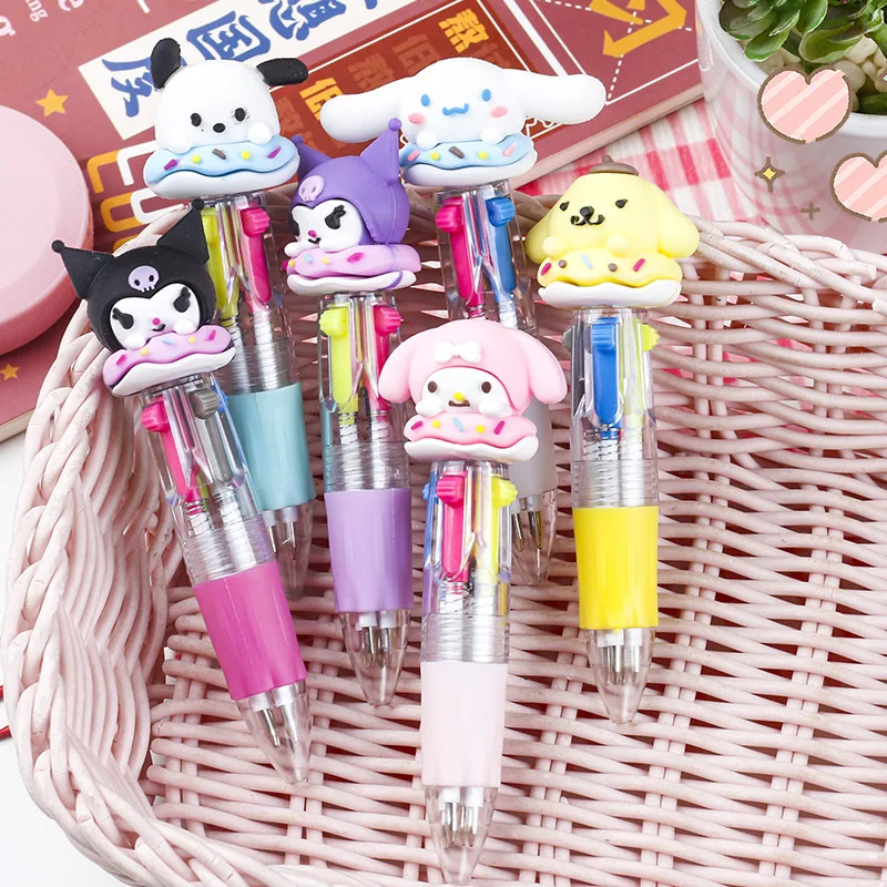 MINISO kuromi HelloKitty 6-Piece Doll Mini Four-Color Click Ballpoint Pen Cartoon Cute Multicolor Pen 0.mm Fine Tip Writing Tool