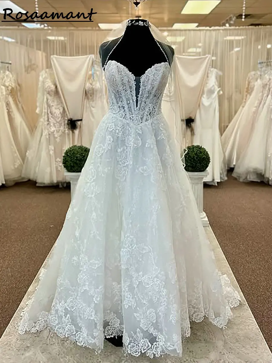 

2025 Illusion Floral Appliques Lace A-Line Wedding Dresses Sweetheart Sleeveless Country Bridal Gowns