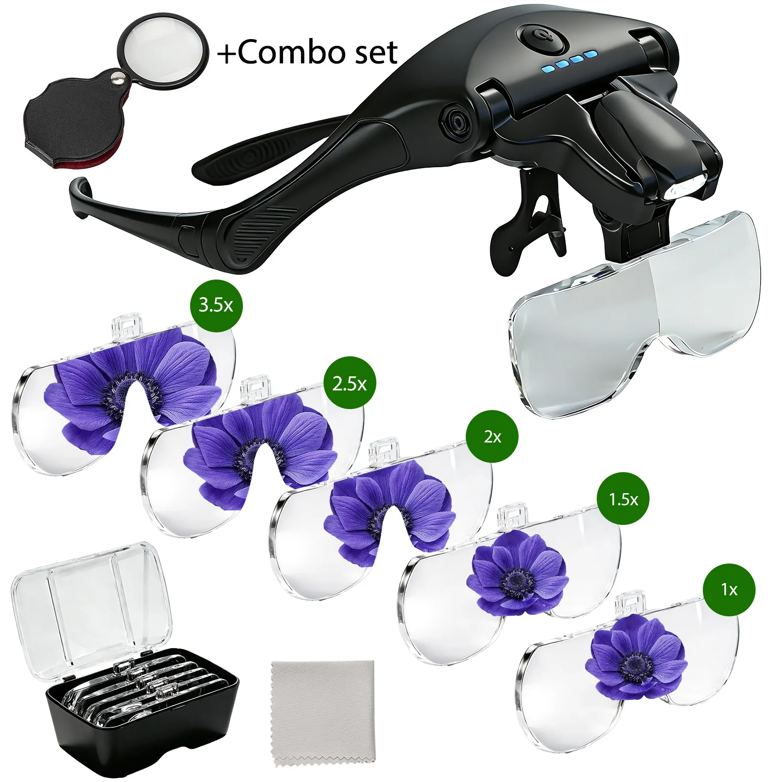 Head-mounted LED Magnifying Glass+ Mini Folding Magnifier (2-Pack), 1x-3.5x Magnification, With 5 Interchangeable Lenses; Ideal For Reading, Watch Repair, Soldering Circuit Boards, Crafts, Carving, And Embroidery