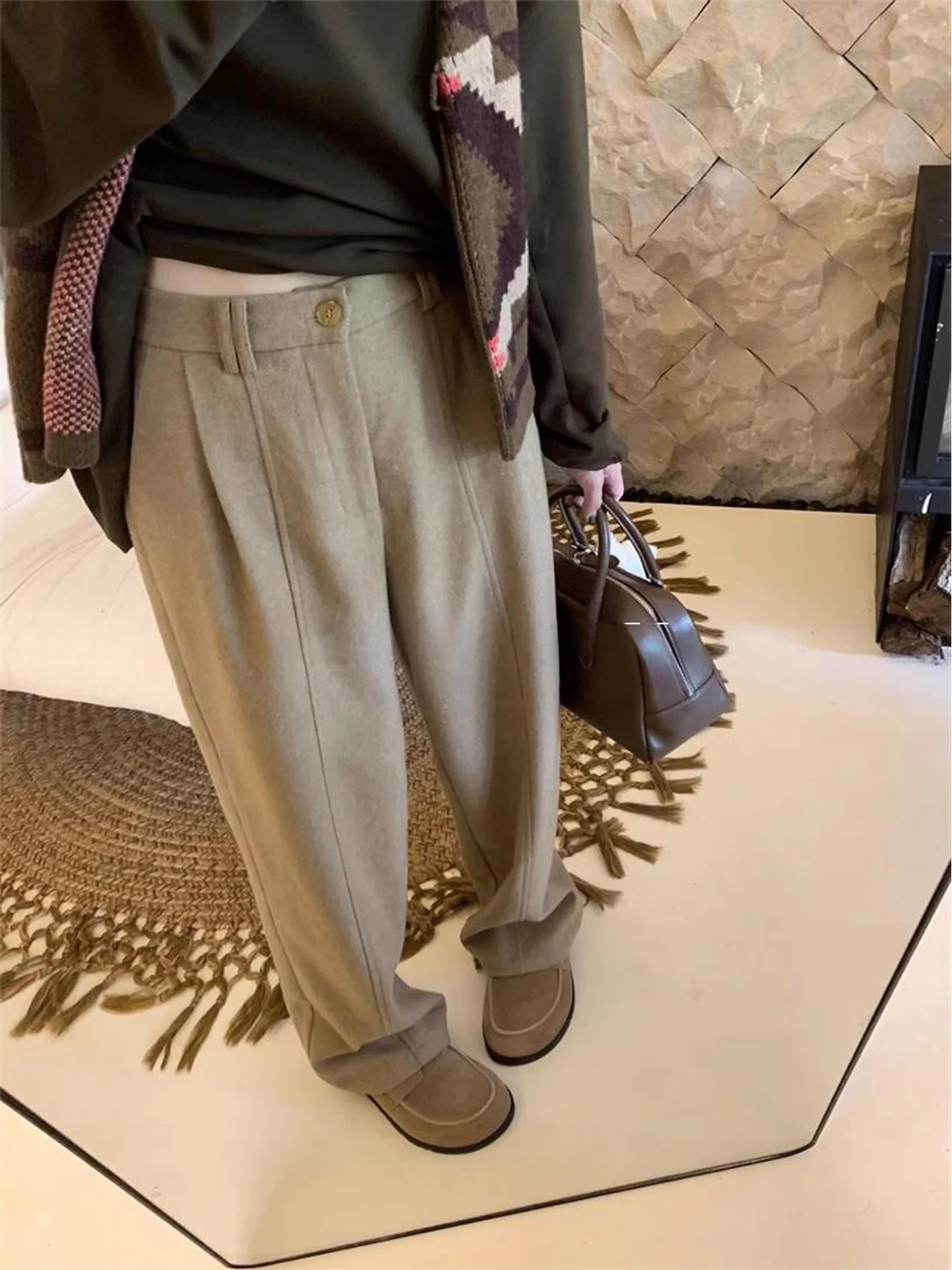 

Rouje Kefss plus Size Women's Autumn Winter High Waist Loose Wide Leg Woolen Trousers Casual Floor Length Pants Women