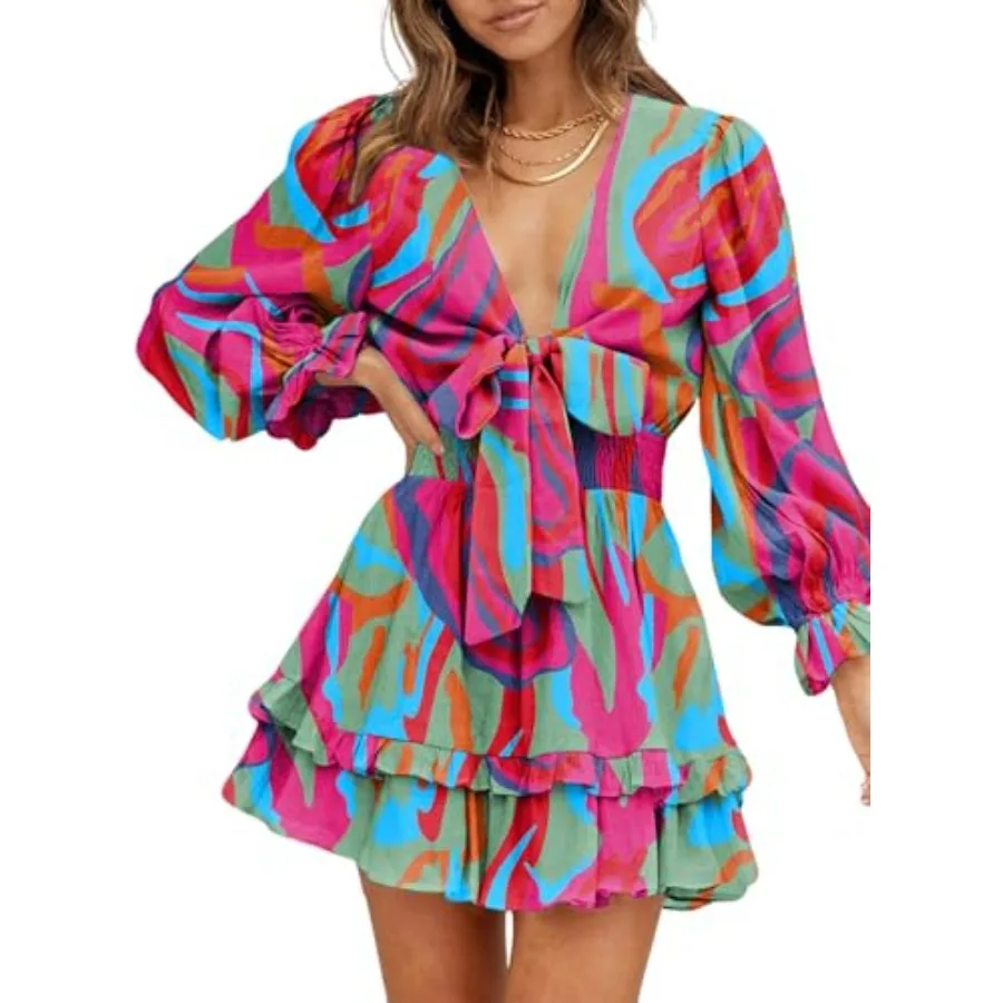 

Womens Casual Spring Fall 2025 Deep V Neck Knotted Tiered Chiffon Elegant Mini Short Swing Skater Dresses