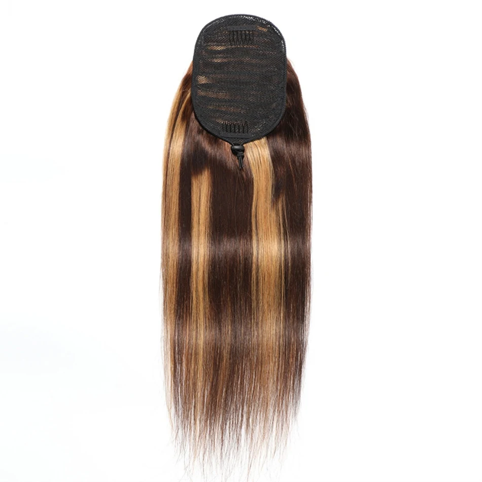 Hoogtepunt P4/27 Trekkoord Paardenstaart Menselijk Haar Lange Rechte Clip In Paardenstaart Wrap Around Braziliaanse Remy Hair Extension Twee tone
