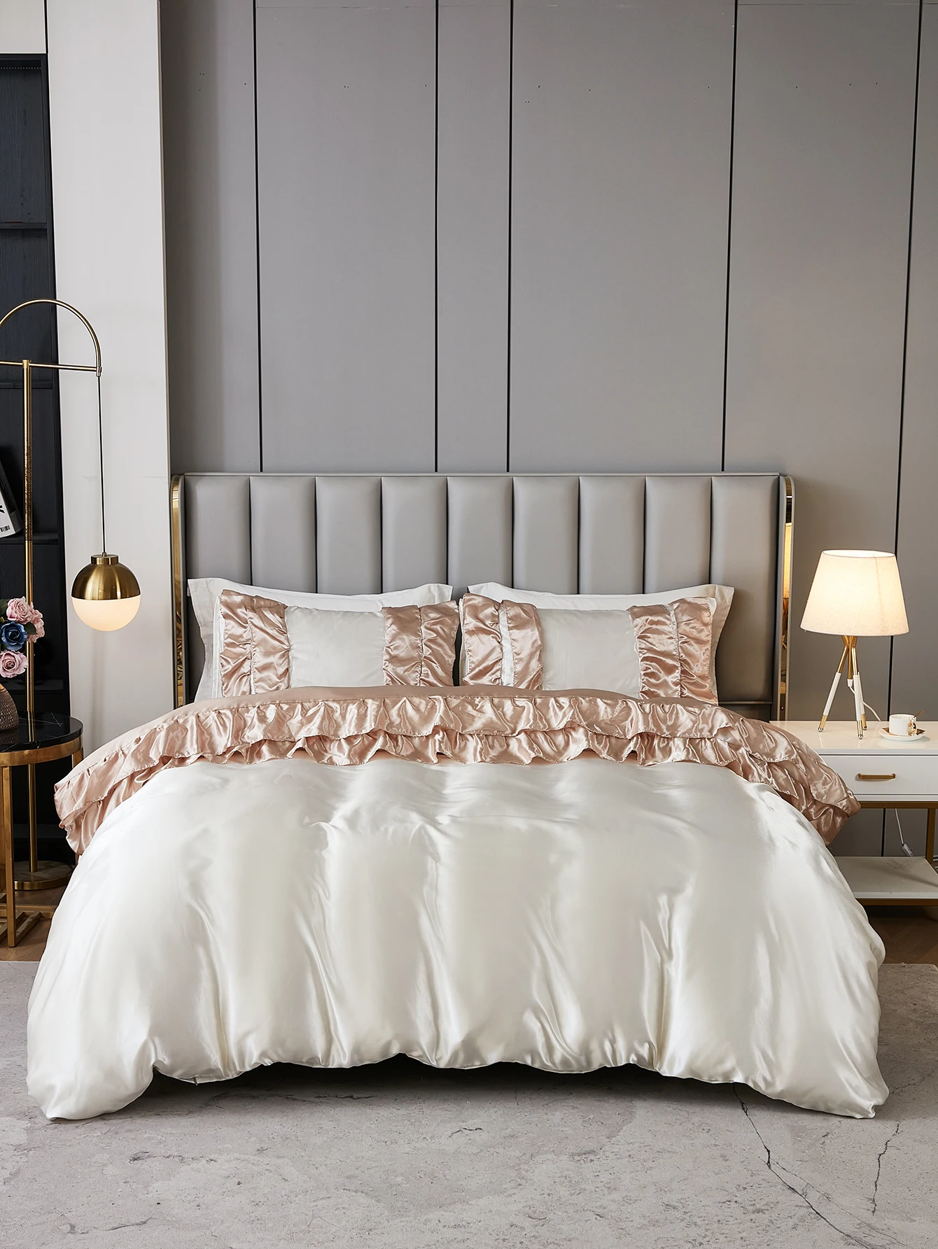 

Beige Satin Bedding Set 2-Layered Ruffled Duvet Cover Set Splicing White Light Khaki Satin Bedding Set Luxury for Hotel Home