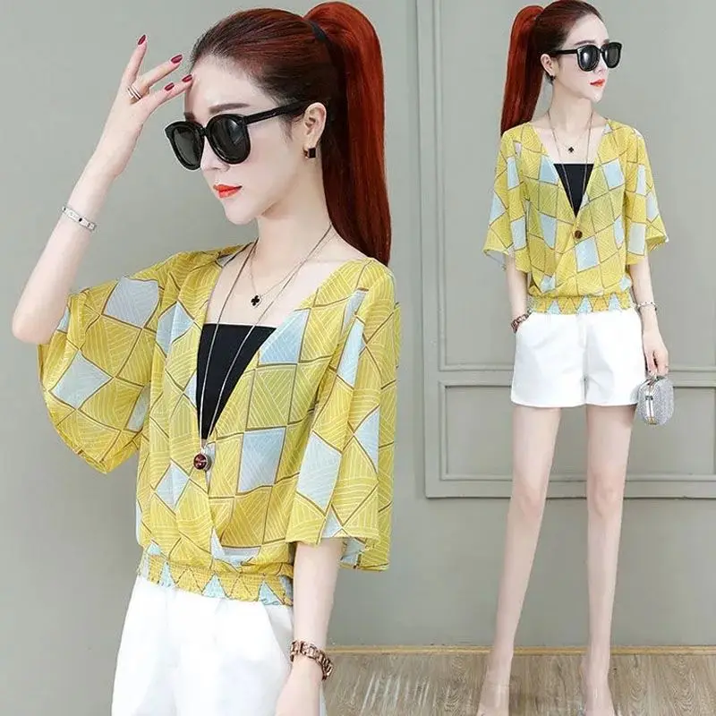 Women's Summer Fashion Elegant Simplicity Printing Short Sleeve Shirts Women Clothes Loose All-match Casual Temperament Tops