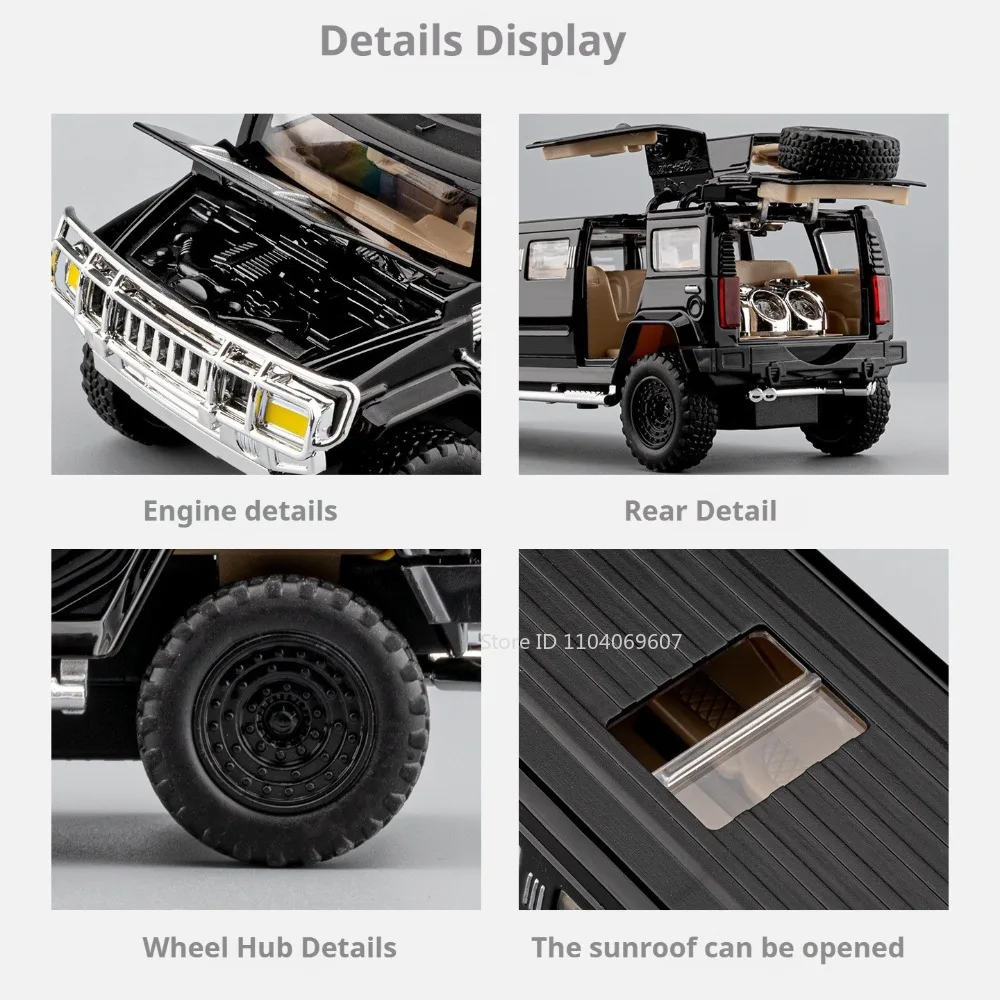 รถของเล่นรุ่น H2 แบบขยาย 1:32 ผลิตจากโลหะผสม พร้อมเสียง ไฟ ประตูเปิดได้ ระบบดึงหลัง ใช้สำหรับตกแต่ง เป็นของขวัญสำหรับเด็กผู้ชาย