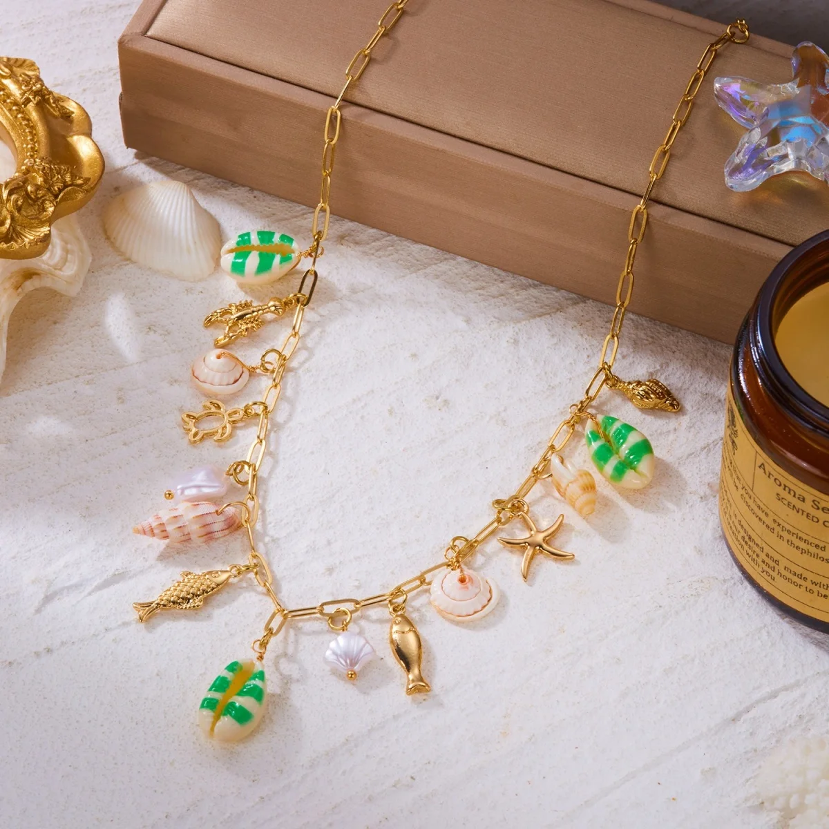Sommerurlaub Muschel Seestern Conch Fisch Schildkröte Korallen Anhänger Halskette für Damen Herren Imitationsperlen Choker Ozean Strand Schmuck – Detail 18