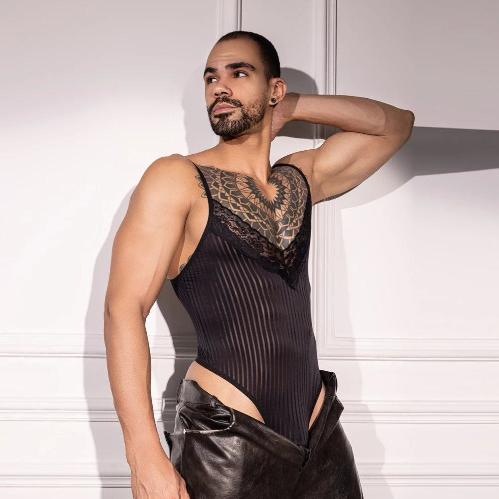 

Сексуальный мужской кружевной топ на бретелях с глубоким v-образным вырезом, боди, прозрачный жилет с открытой спиной, цельные стринги, колготки для геев, эластичный купальник