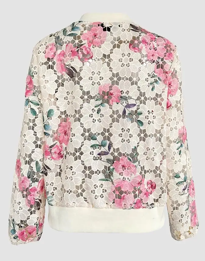 Y2K Women's Jacket 2025 Fashion Floral Print Baseball Collar Zip Up Water-Soluble Lace Coat Casual Hollow-Out Bomber Jacket
