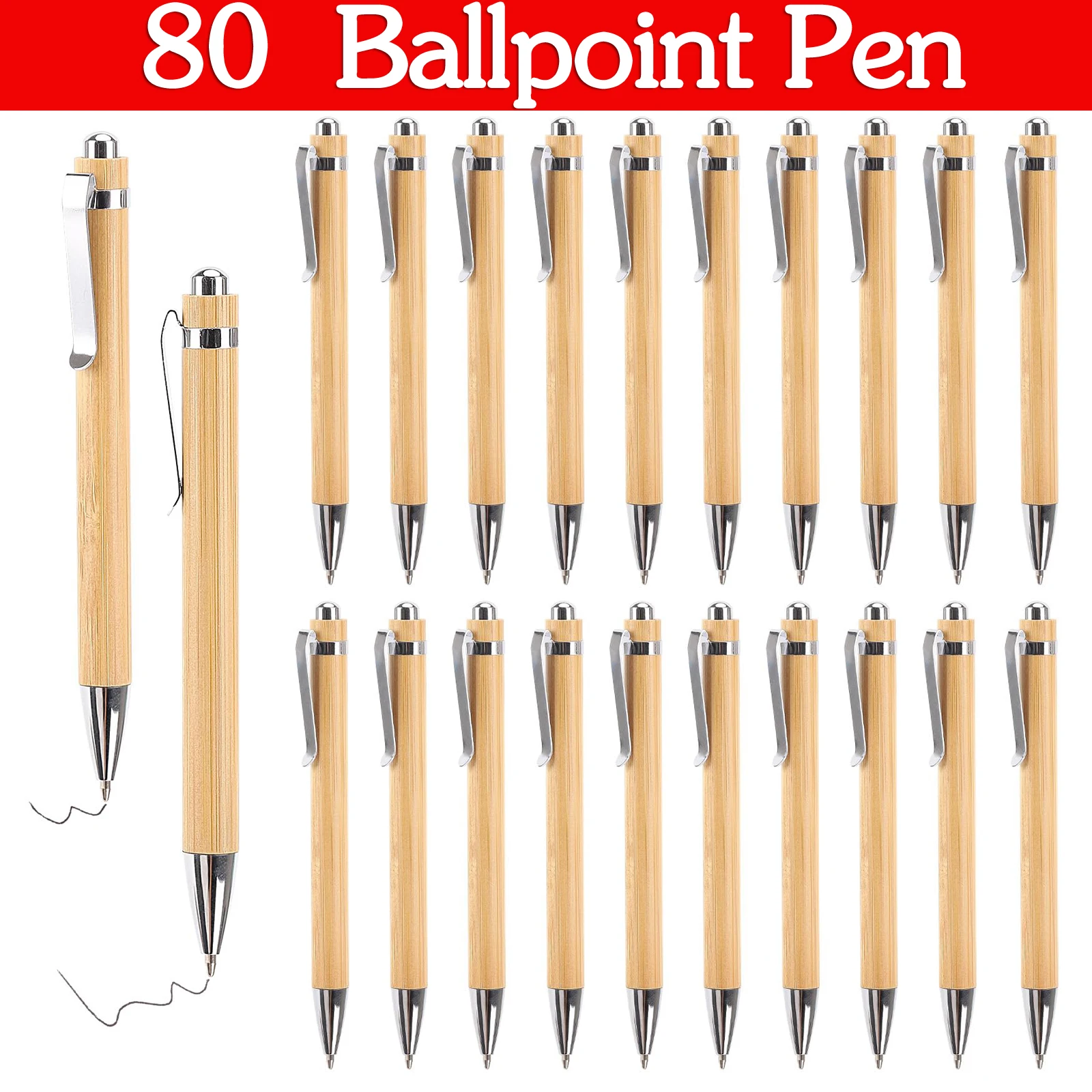 

80Pcs Bamboo Pen Bamboo Wood Ballpoint Pen 1.0mm Tip Office School Wrting Stationery Business Signature Ball Pens