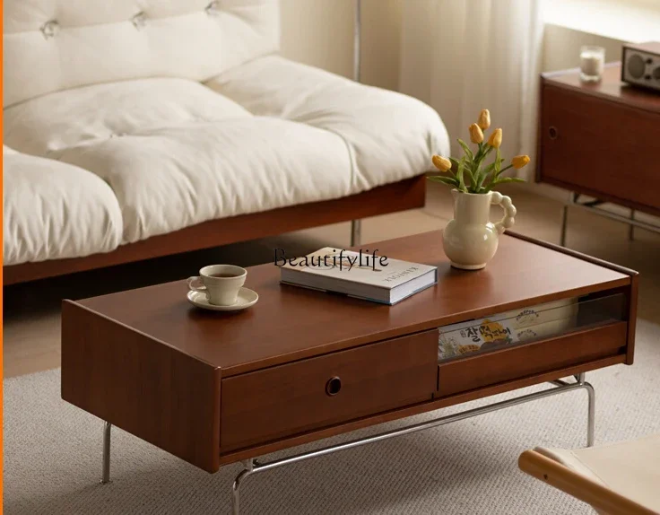 

FG44Nordic Small Apartment Living Room Coffee Table Retro Solid Wood Stainless Steel Tea Table