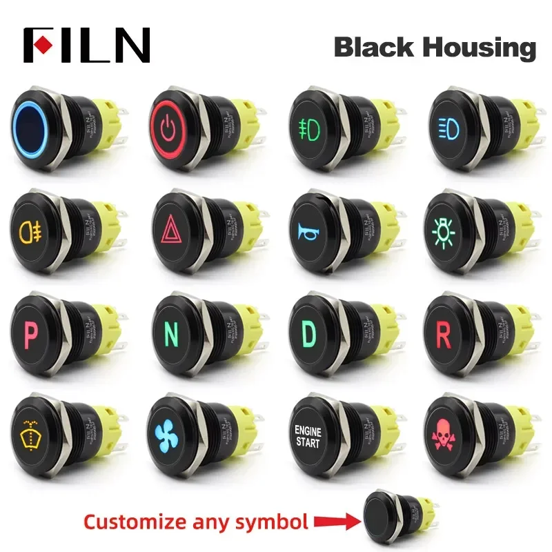 FILN Warning LED 12V 19mm Indicator Light Panel Metal Push Button Switch Lock and Momentary on Off with Dash LOGO Symbol