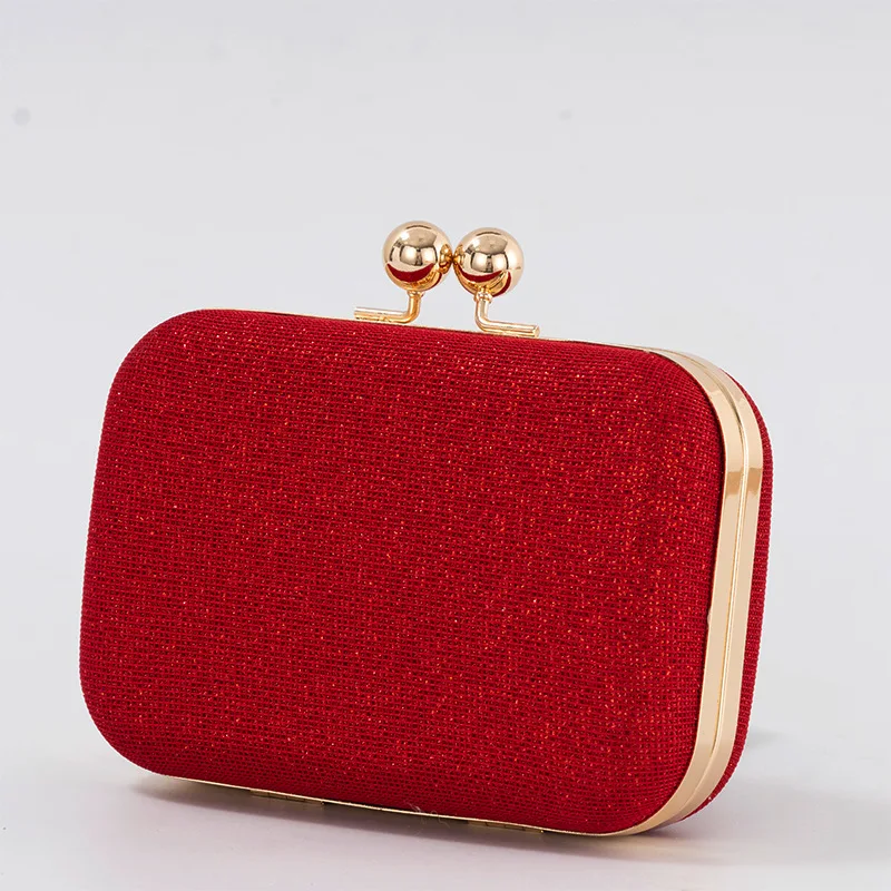 Hot Sales Evening Bag with Shoulder Chain Red Clutch Handbag Purse for Fashion Lady Gold Frame Crossbody Wedding Bag