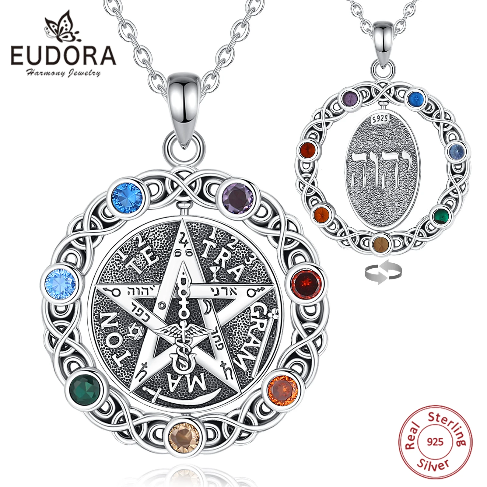 Eudora Original 925 Sterling Silver Pentagram Necklace for Women Man 7 Color Chakra Star Tetragrammaton Pendant rotatable Gift