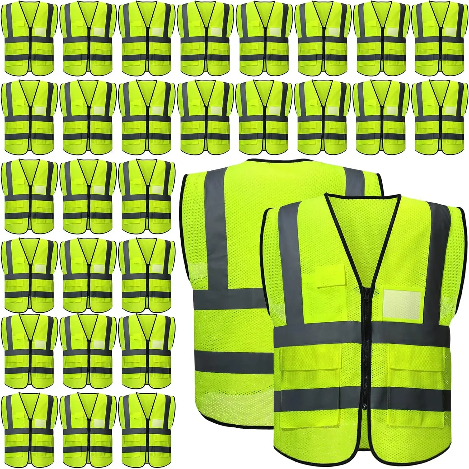 

30 шт. светоотражающих жилетов безопасности с карманами, сетчатые, с высокой видимостью, для мужчин и женщин, неоново-желтые, размер L