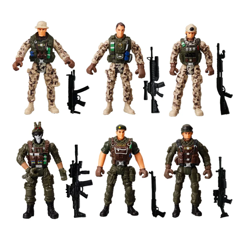 6Pcs Action Figure Army Soldiers Toy with Weapon / Military Figures Movable Military Solider Playset Heroic Model For Boy Gifts