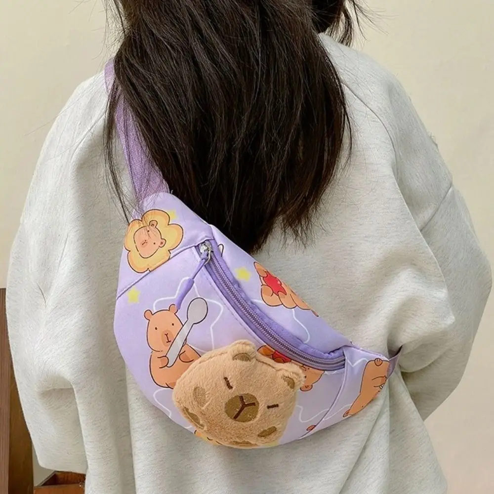 Cartoon Capybara Children's Chest Bag Large Capacity with Plush Doll Crossbody Bag Simple Adjustable Shoulder Strap Shoulder Bag