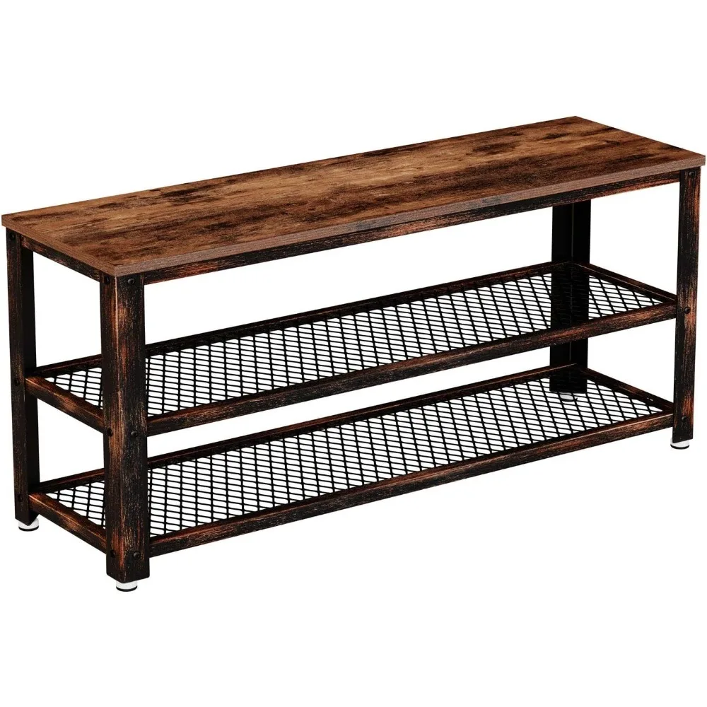 

Shoe Bench, 3-Tier Shoe Rack, 39.4” Storage Entry Bench with Mesh Shelves Wood Seat, Rustic Foyer Bench for Hallway Front Door