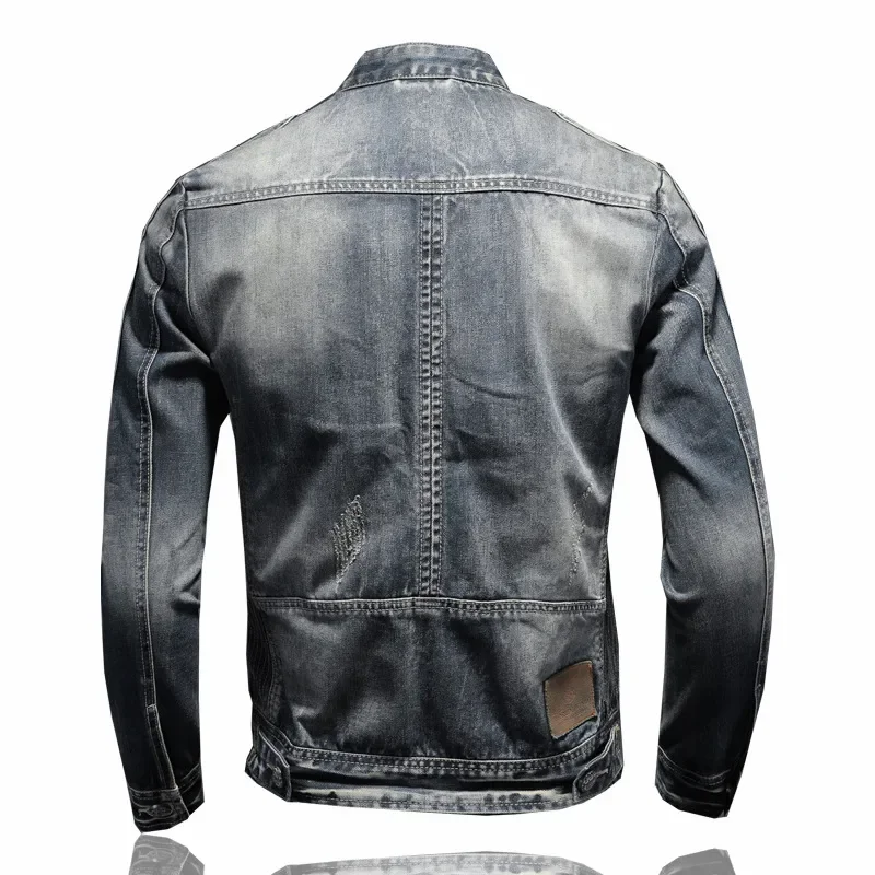 Military Denim Jacket Men Spring Autumn Motorcycle Slim Fit Cowboy Jackets Mens Vintage Wash Oblique Zipper Jean Coats Size 4XL