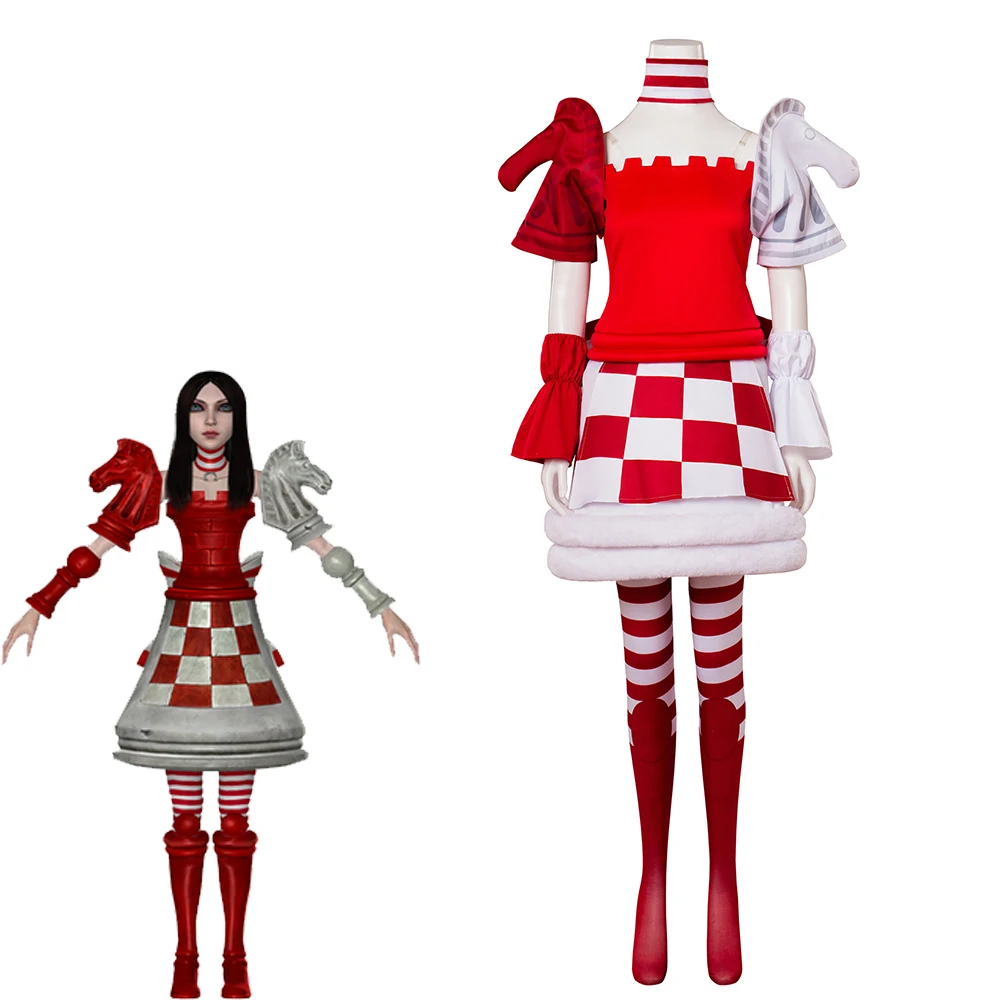 

Game Alice Cosplay Costume Women's Checkmate Red Dress with Stocks Madness Returns Halloween Carnival Dress Outfit