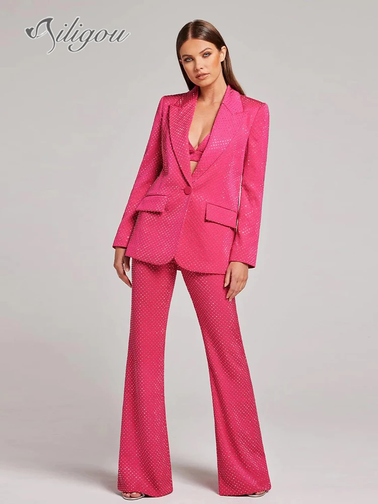 

Ailigou Latest 2023 Summer Designer Runway Fashion High Quality Set Women's Slim Fit Strass Diamonds 3-piece Suit Pants Set