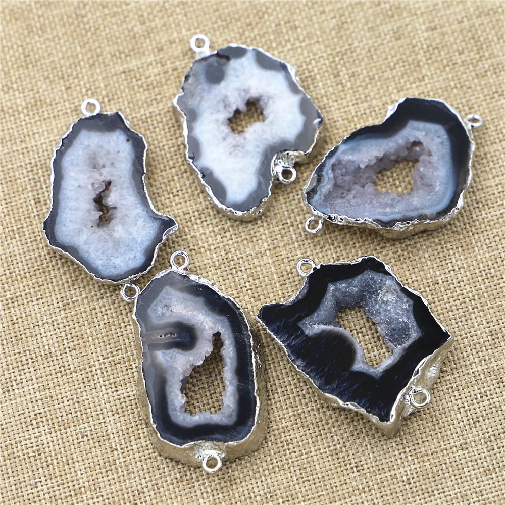 New Hot 5PCS Natural Stone Black Agates Slice Connectors Irregular Raw Onyx Druzy Pendants for DIY Jewelry Making  Wholesale