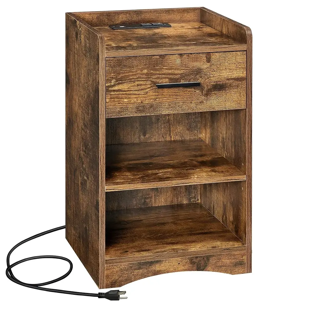 

Nightstand With Charging Station, Bed Side Table With Usb Ports And Outlets, Drawer, Storage Shelves, Plug-In Series, Rustic