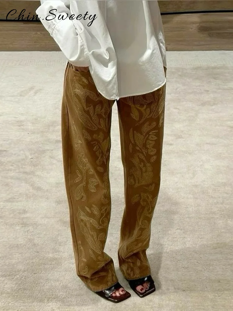 

Vintage Embroidery Denim Trousers Women Loose Solid Pockets Zipper High Waist Straight Pants 2025 Summer Lady Y2K Streetwears