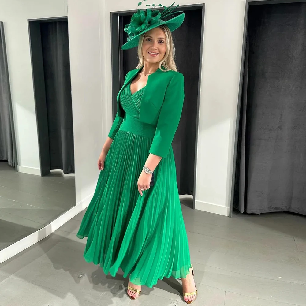 Green Mother of the Bride Dresses With Jacket A-Line 3/4 Sleeve Pleated Mother of Groom Dress 2 Pieces Godmother Dress for Women