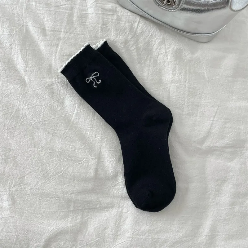 3 paires de chaussettes blanches à volants avec nœud brodé, chaussettes d'école en coton à Tube moyen pour filles, chaussettes Coquette de Style coréen pour femmes de haute qualité