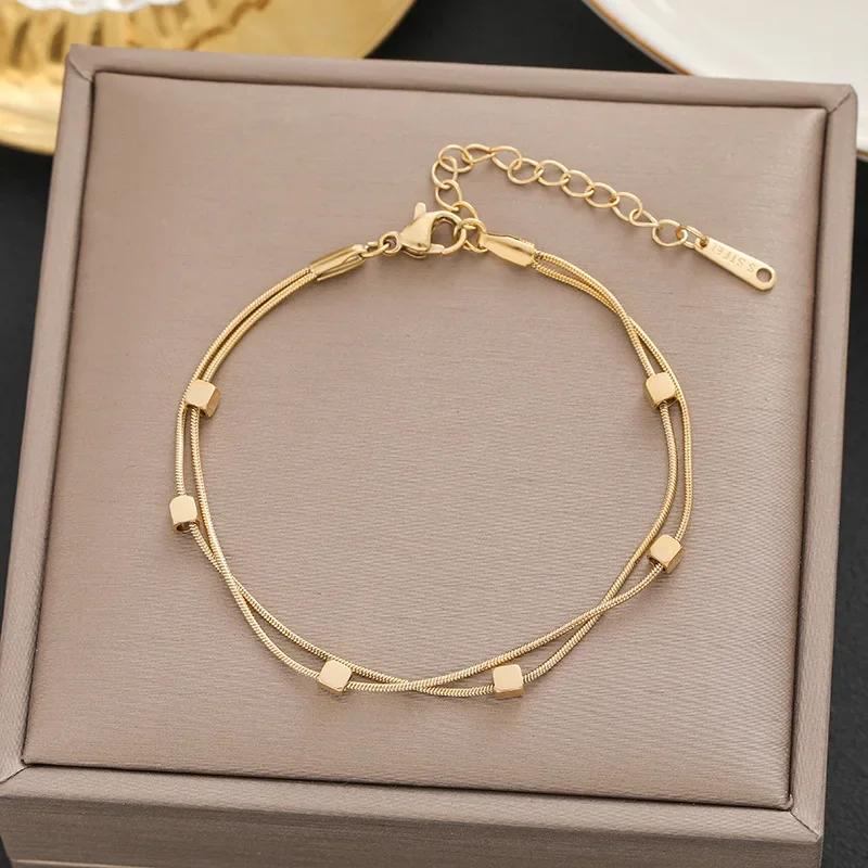 18K Gold Plated Double-layer Cube Titanium Steel Charm Bracelet Anti Allergy Handwear Chains Jewelry for Women Ladies Gift