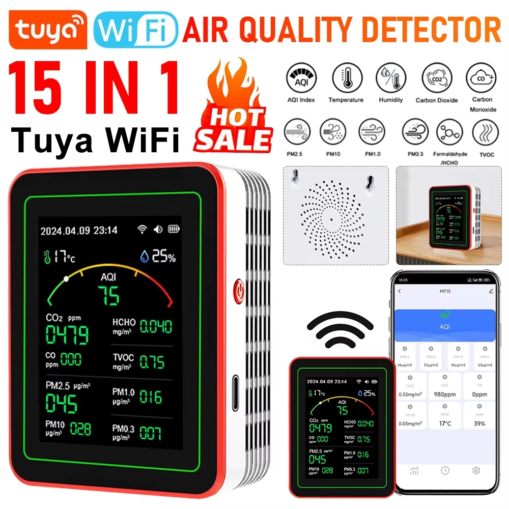 WiFi 15-in-1 แบบพกพา AQI PM0.3 PM1.0 PM2.5 PM10 เครื่องทดสอบจอแสดงผล TFT ในครัวเรือน CO CO2 TVOC HCHO เครื่องทดสอบ APP ควบคุม CO2 เครื่องตรวจจับ