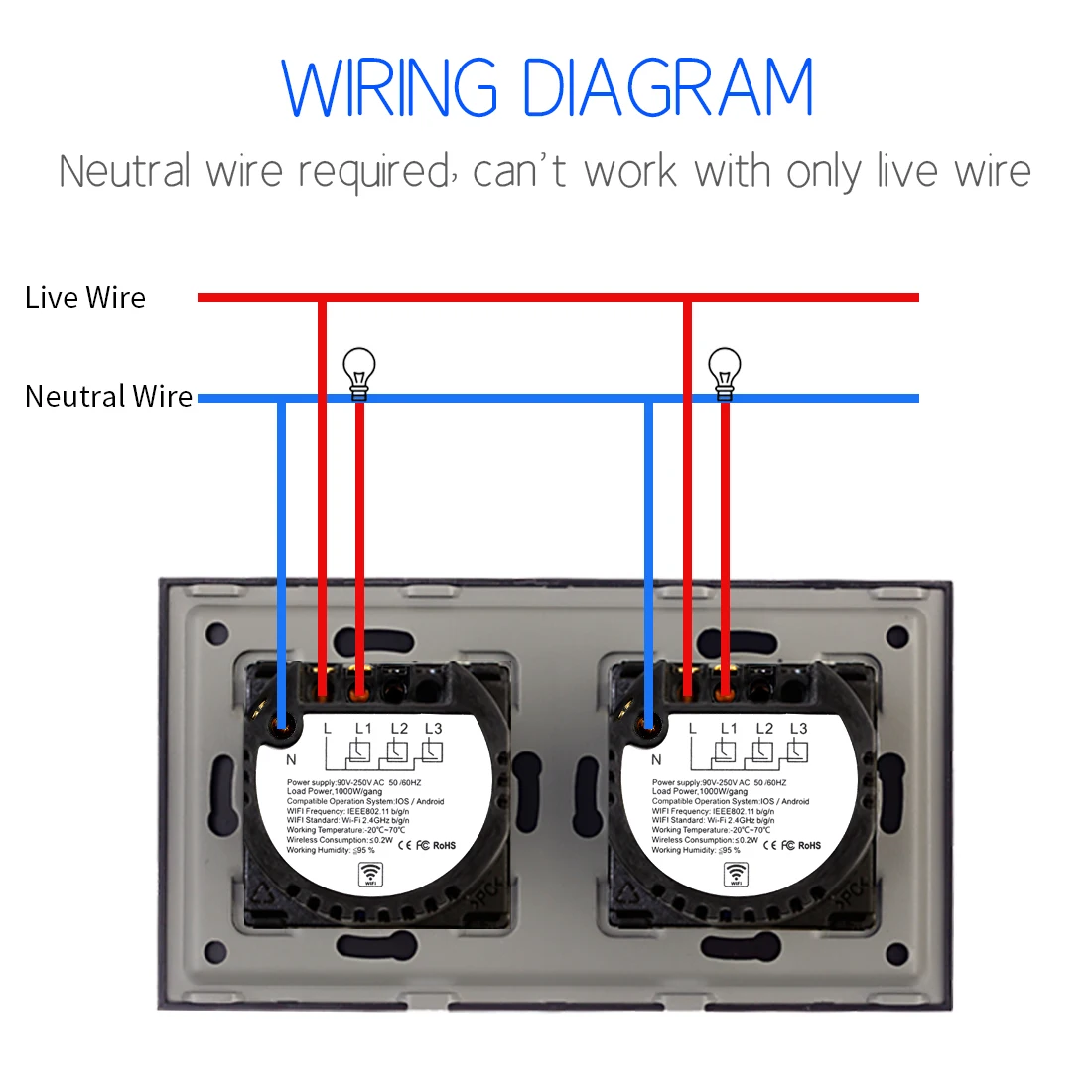 Bingoelec 2Gang Smart Wifi Control Touch Switch 157mm Double Wall Smart Light Switches Crystal Class Panel Switches With Neutral