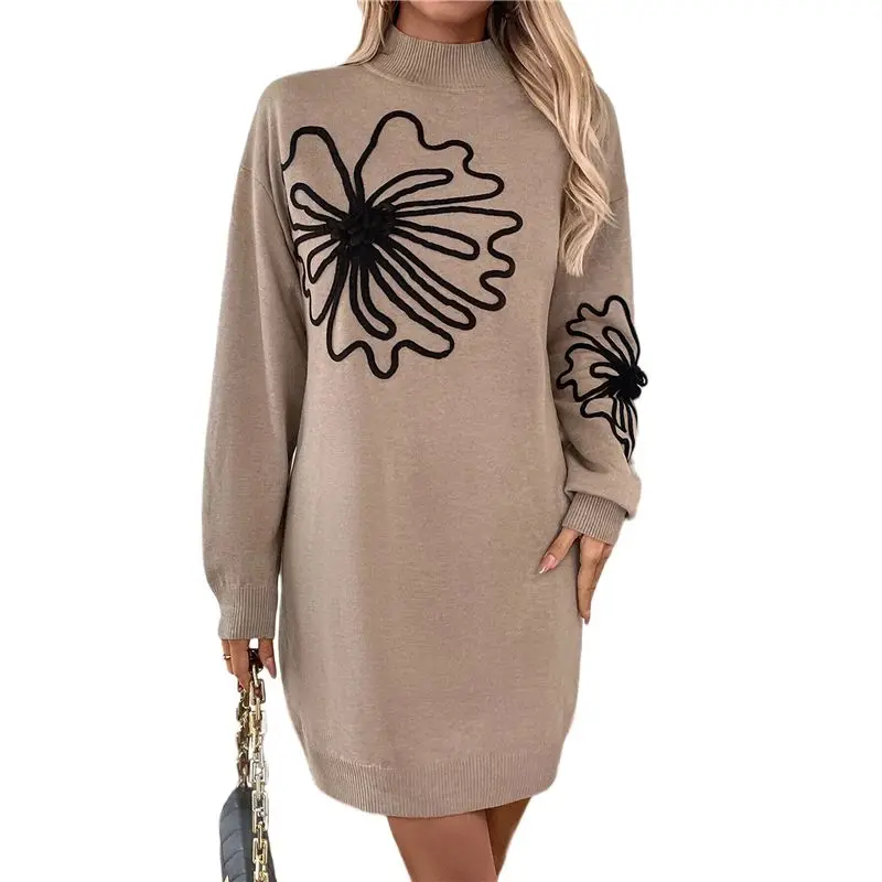 

AUAU-Women's Fall And Winter Mid-Collar Floral Floral Sweater Dresses