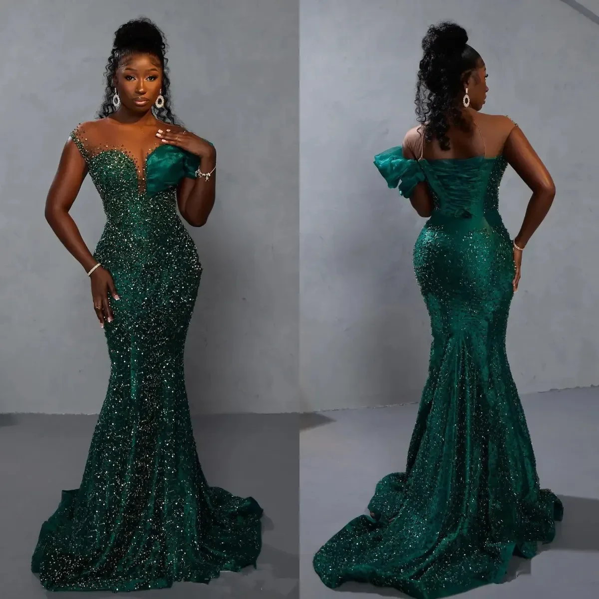 

Customized 2026 New Sparkling Green Mermaid Ball Dress V-Neck Backless Sexy Crystal Bead Formal Party Birthday Engagement Dress