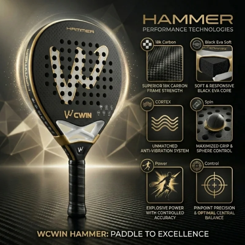 CWIN Hammer 18K Carbon Padel-Schläger Schwarz-Gold Professioneller Paddle-Tennis-Schläger mit Tragetasche für Fortgeschrittene Spieler – Detail 4