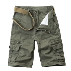 2026 Summer Men's Cotton Cargo Shorts Multi-Pocket Casual Short Pants Male Hiking Loose Solid Jogging Shorts No Belt Plus Size