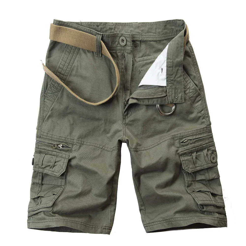 2025 Summer Men's Cotton Cargo Shorts Multi-Pocket Casual Short Pants Male Hiking Loose Solid Jogging Shorts No Belt Plus Size