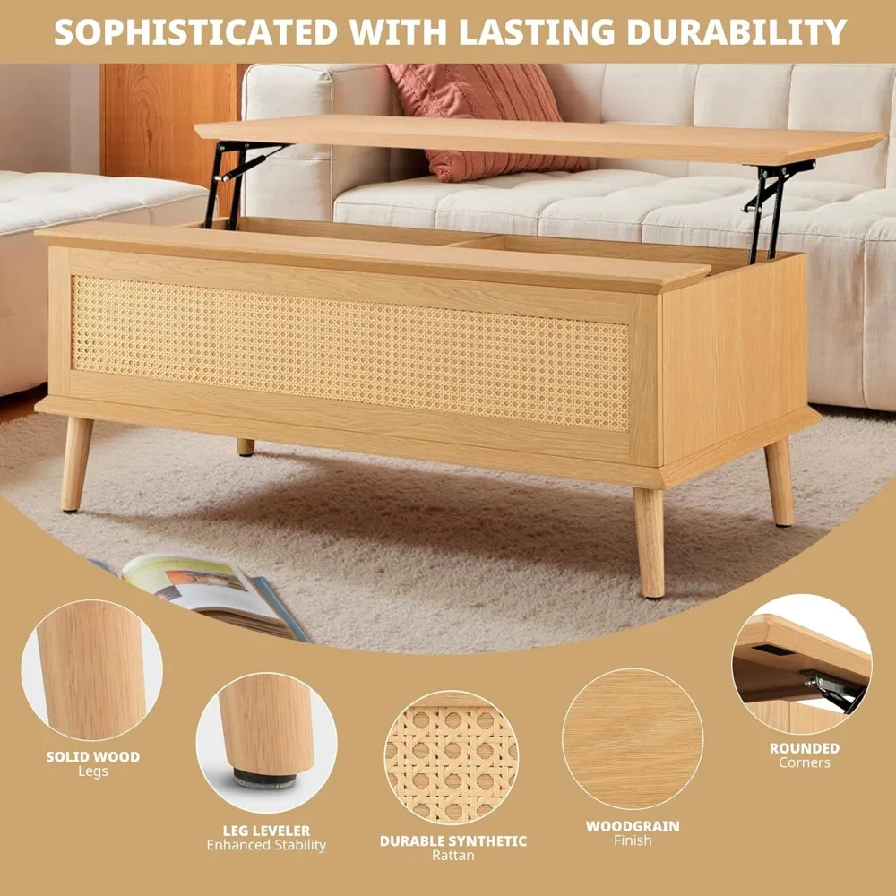 INK+IVY Coffee Table for Living Room Lift-Top Design with Storage, with Rattan Accent, Mid-Century Modern Décor Compact Furnitur