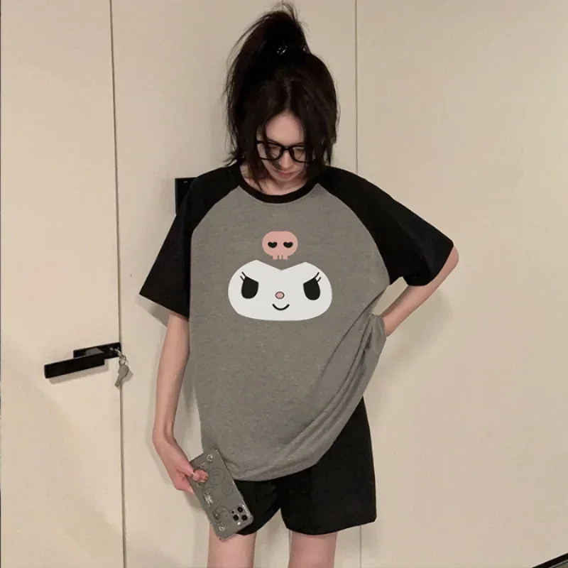 

Шелковая пижама Sanrio Kulomi, женские летние хлопковые шорты с коротким рукавом, Свободный Повседневный дышащий домашний женский пижамный комплект с героями мультфильмов