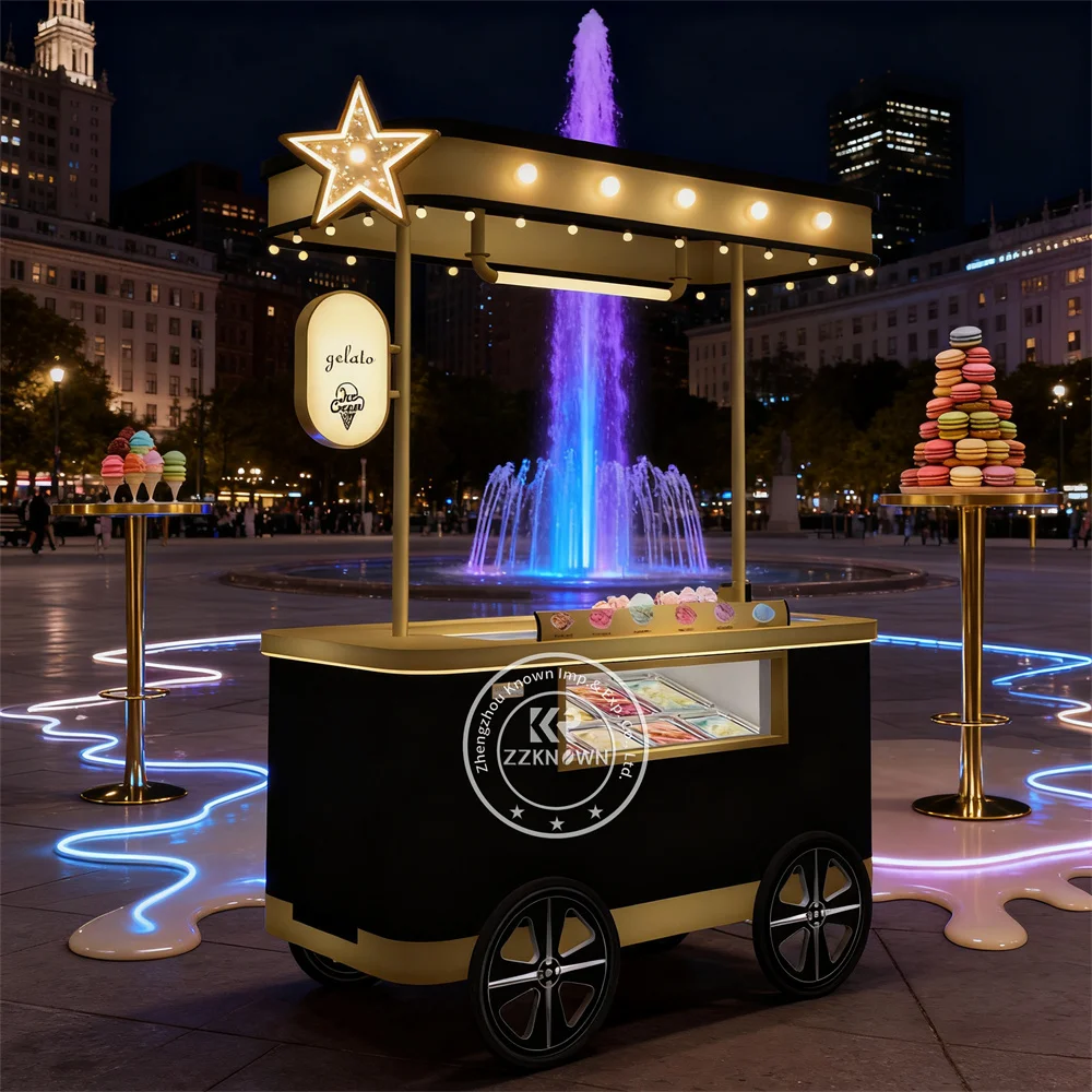 

Mobile Ice Cream Popsicle Gelato Ice Cream Cart Display Freezer with Two Wheels Ice Cream Cart