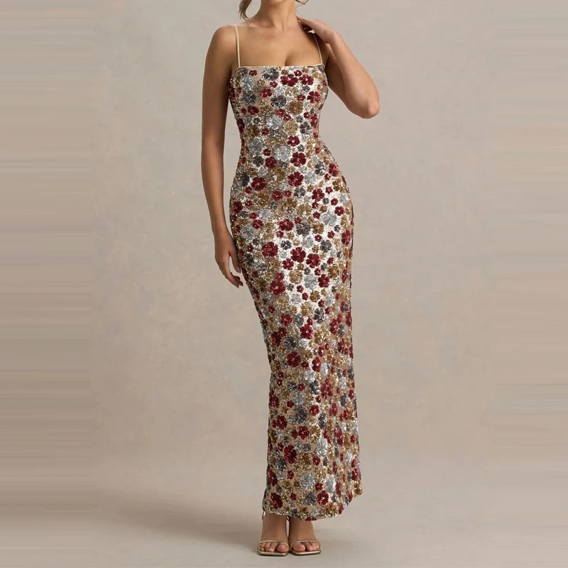 Elegant Flower Sequin Slim Suspender Dress Women Sexy Sleeveless Off Shoulder Evening Dress Fashion Hight Waist Split Long Dress