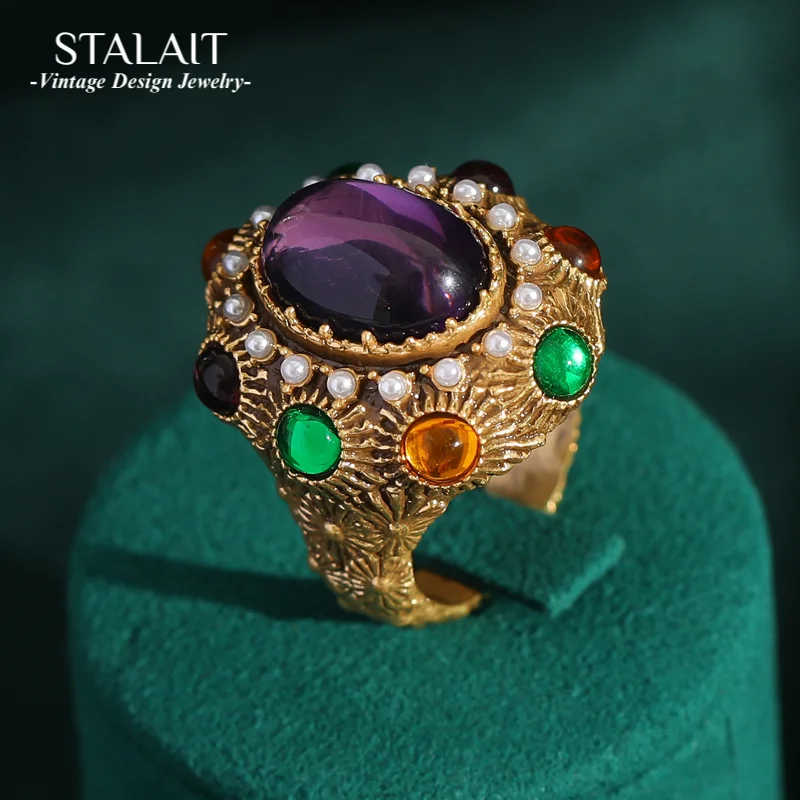 

18K Gold-Plated Vintage Baroque Oval Ring - Crystal & Pearl Cluster Decorative Ring for Women Formal Occasions Jewelry Gift